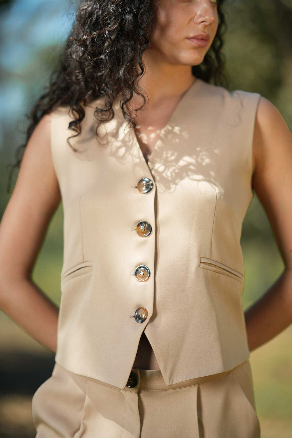 Crepe Vest & Jorts Set in Brown & Beige