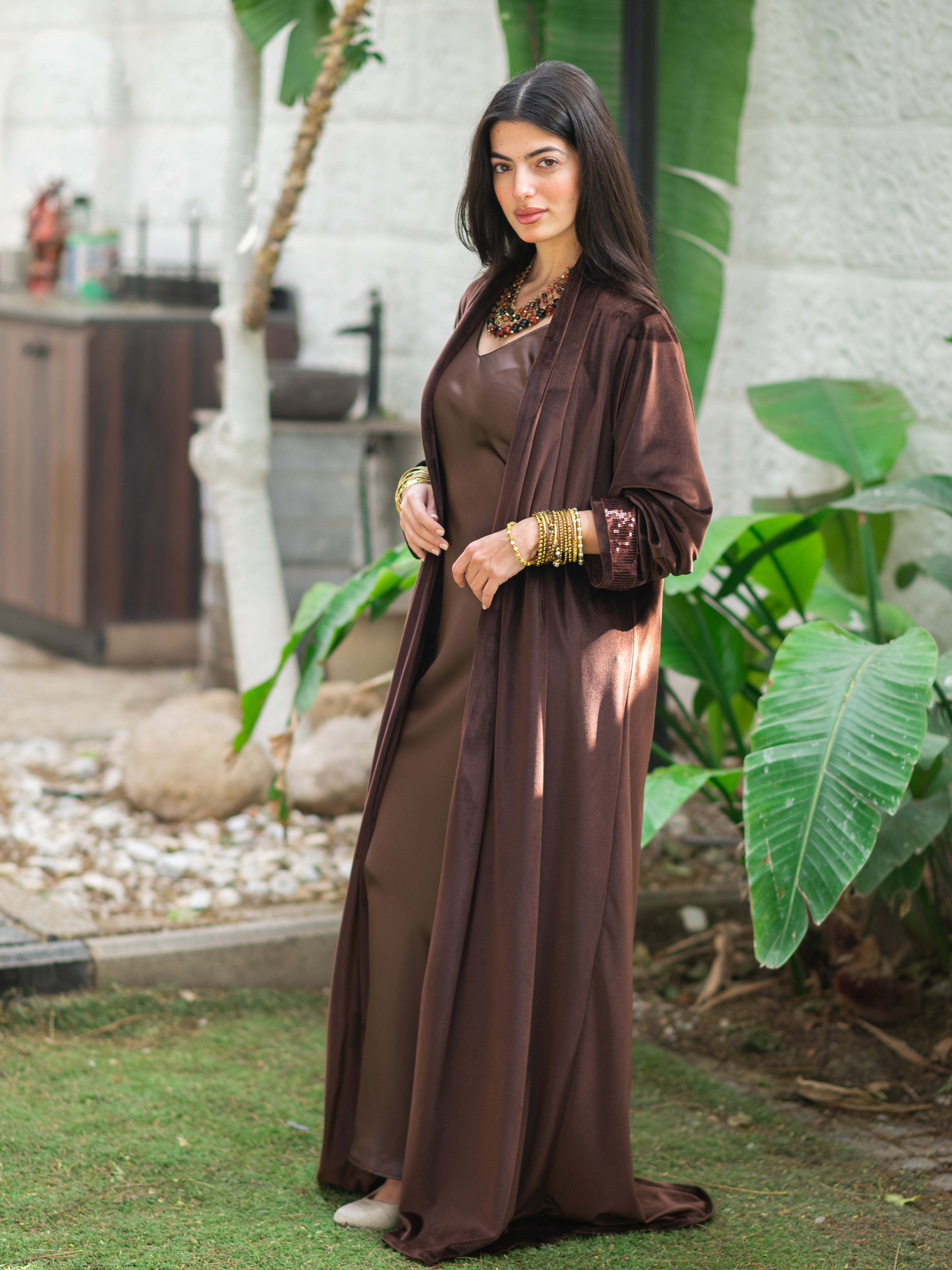 Chocolate Velvet Silk Open Kaftan