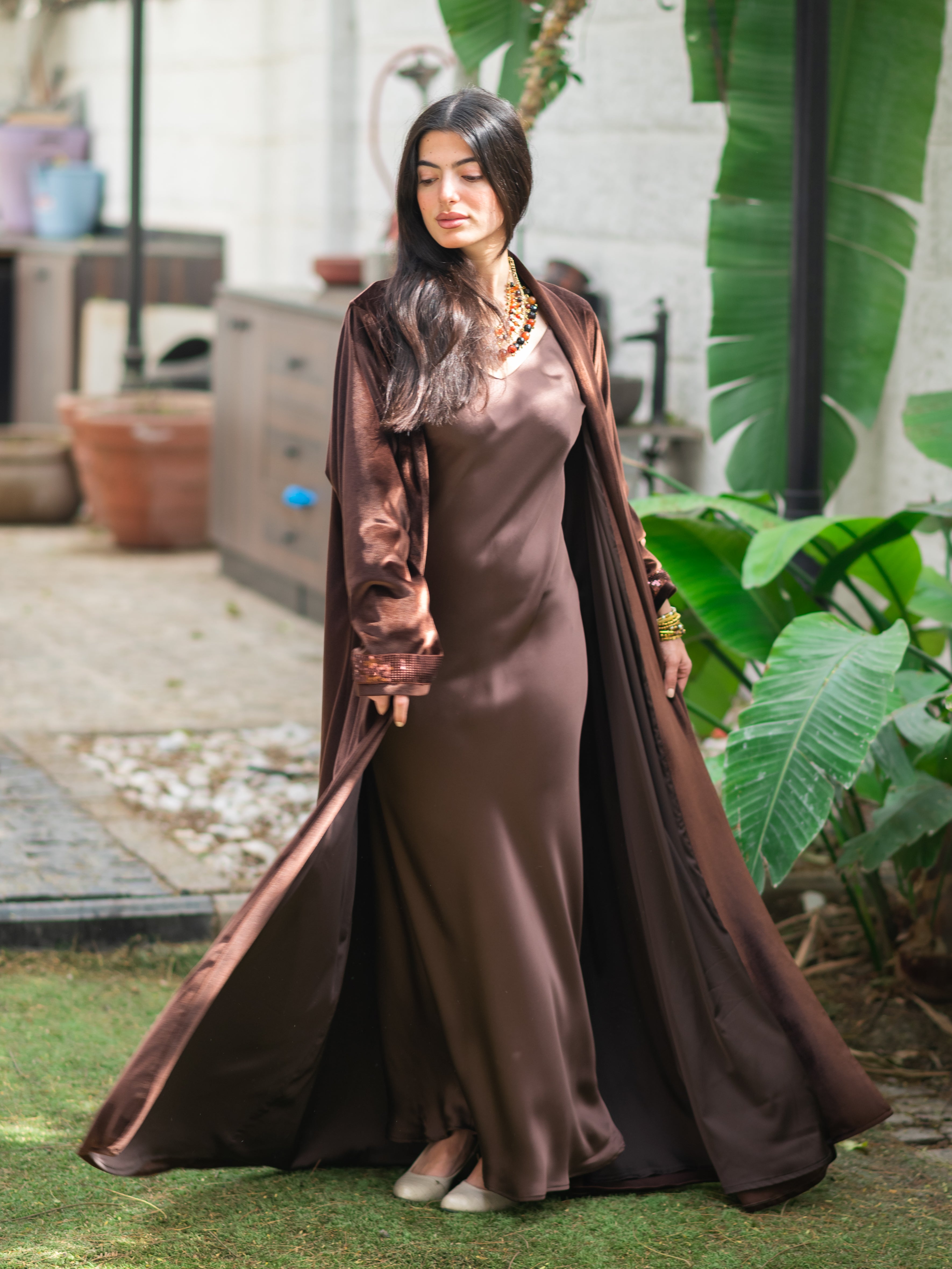 Chocolate Velvet Silk Open Kaftan
