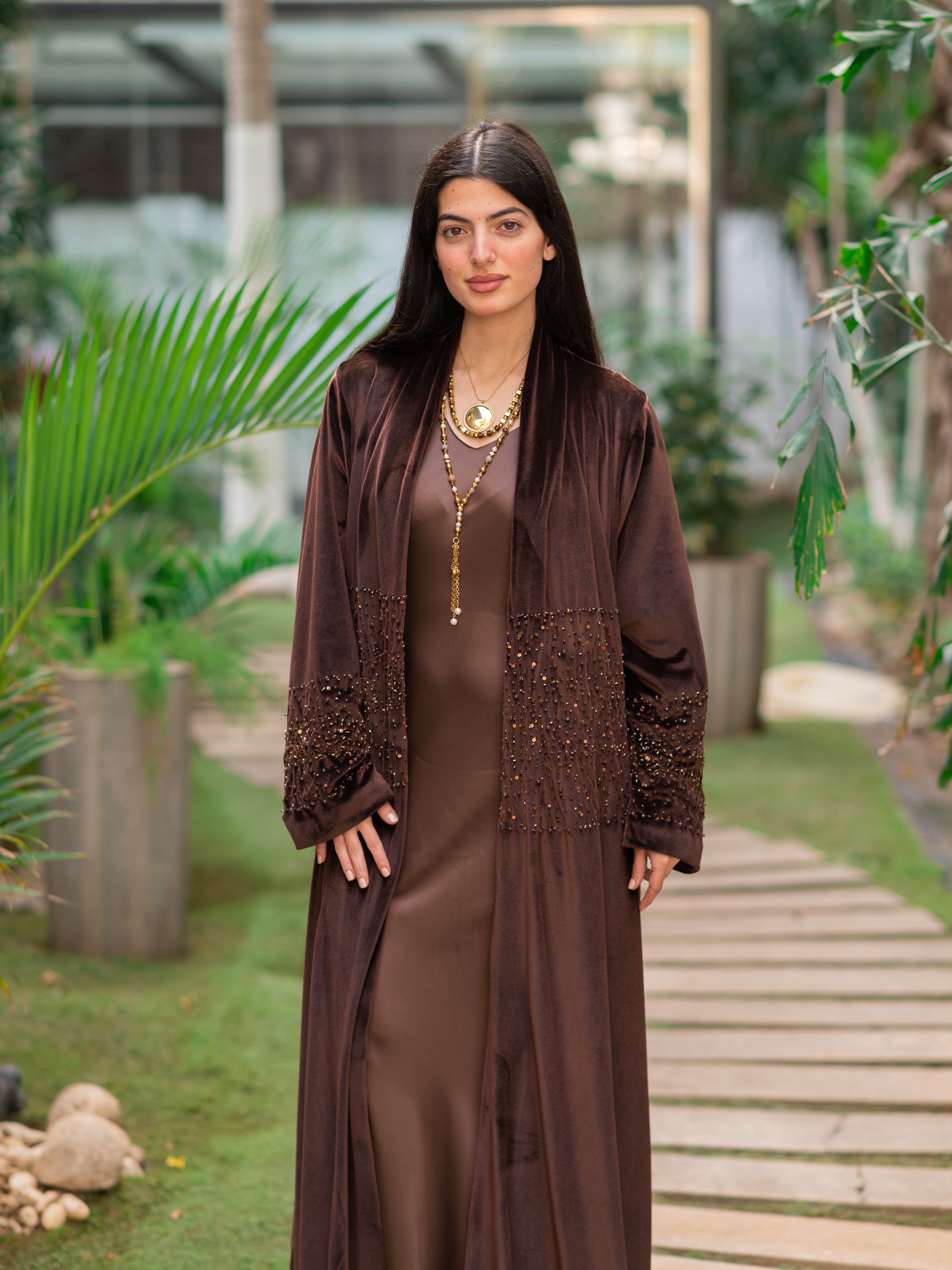 Chocolate Velvet Silk Embroidered Kaftan