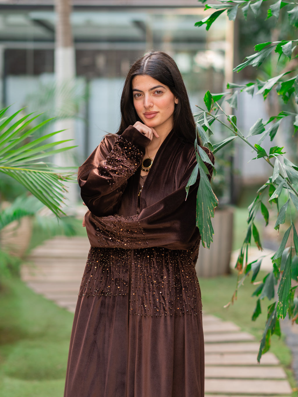 Chocolate Velvet Silk Embroidered Kaftan