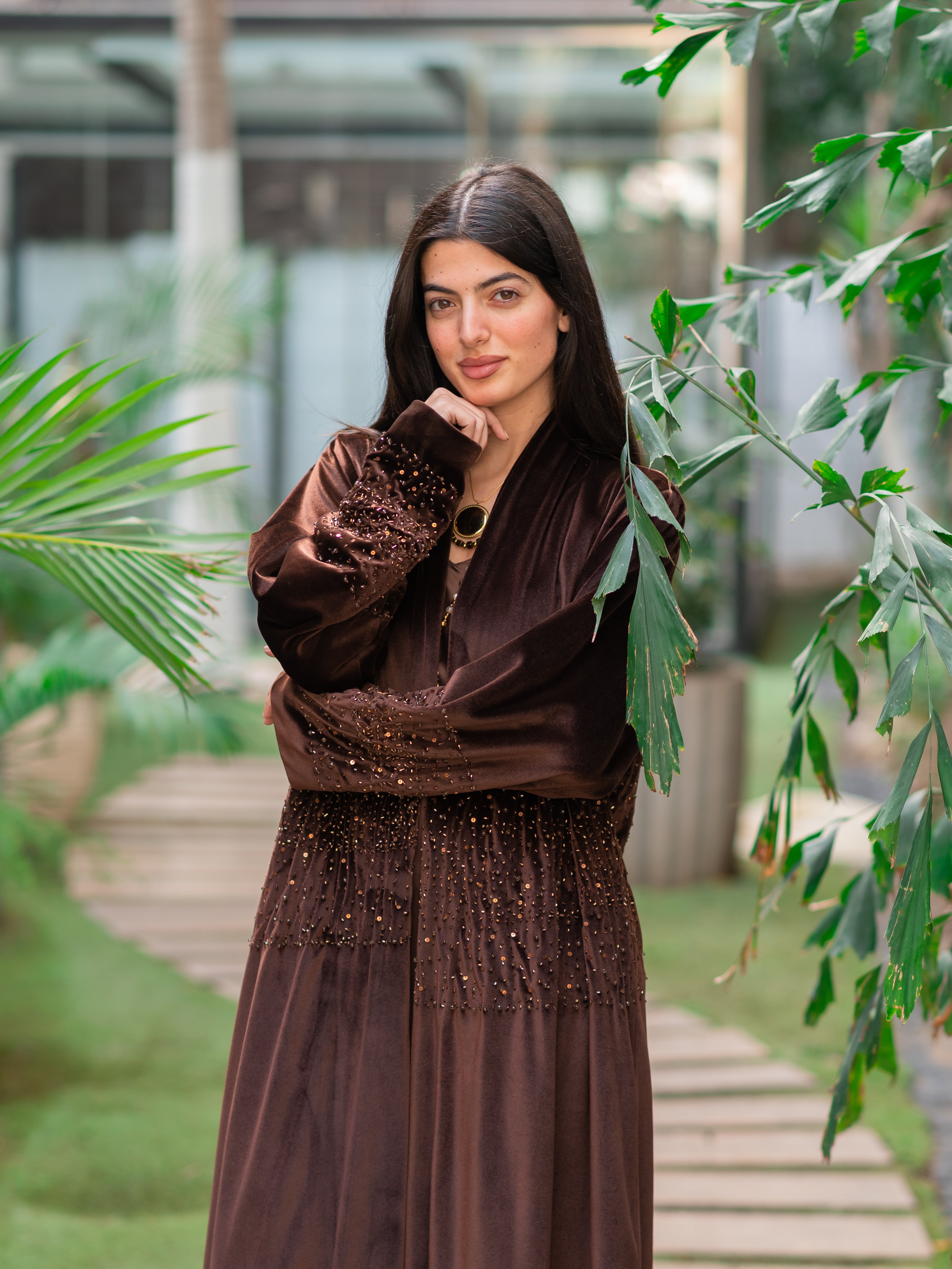 Chocolate Velvet Silk Embroidered Kaftan